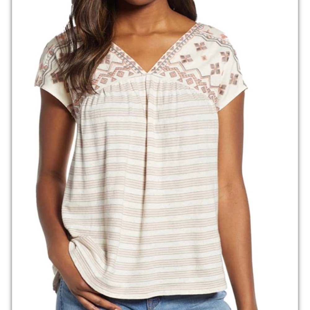 Lucky Brand Women’s Novelty Top Aztec V-neck Striped Shirt Cream Size L New